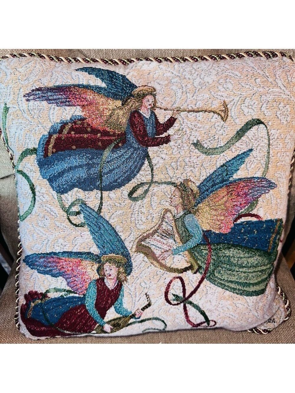 Vintage Angel Tapestry Pillow Square Decorative Throw Musical Harp Horn AGC Inc
